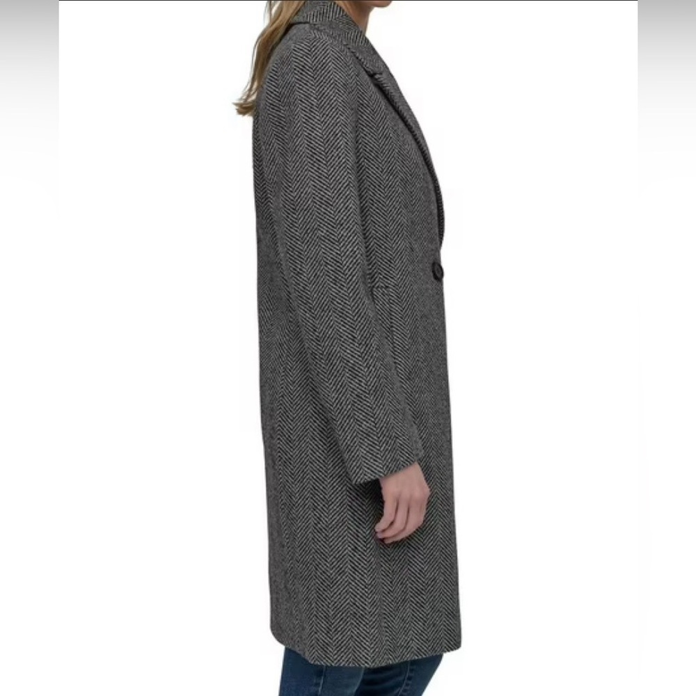 DKNY Women's Double Breasted Faux Wool Top Coat/Overcoat Grey/Black Herringbone - Picture 4 of 10